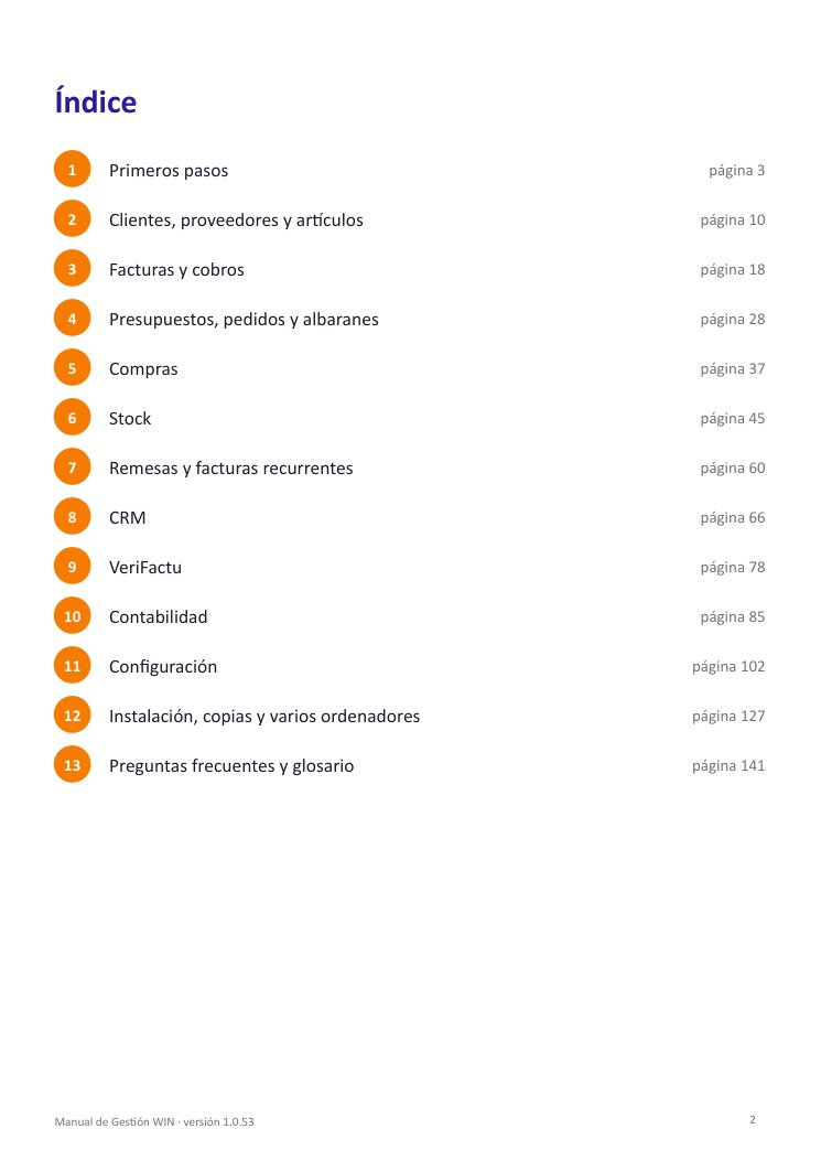 Índice del manual de Gestión WIN